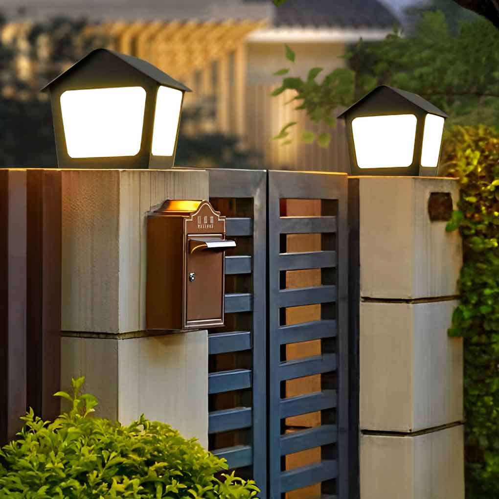 Cottage-Shaped Outdoor Pillar Light — Stainless Steel & Acrylic, Solar / Hardwired, LED, IP54, Warm White 3000K