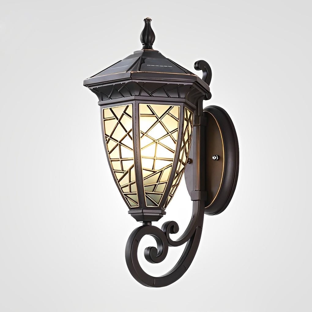 Retro-Pattern Solar Outdoor Wall Sconce — Die-Cast Aluminum, Black, IP55 Weatherproof