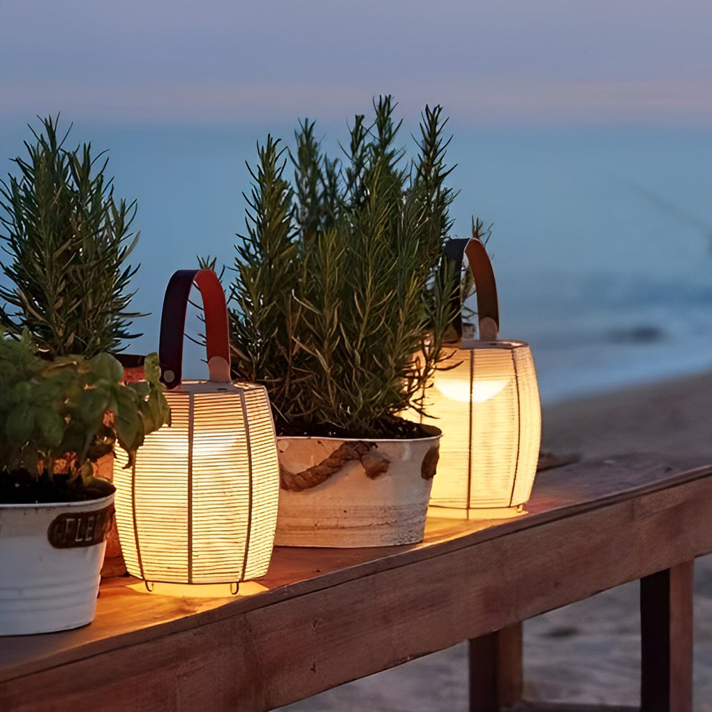 Rustic Modern Solar Outdoor Lantern — Hand-Woven Rattan, LED, IP54 Waterproof, Portable