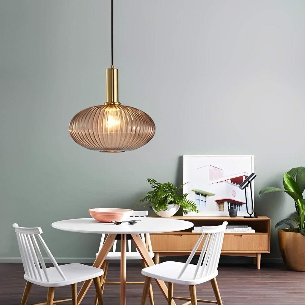 Striped Glass Lantern Mini Pendant — Modern, LED, 3000K, Available in Green, Amber, and Smoke Gray