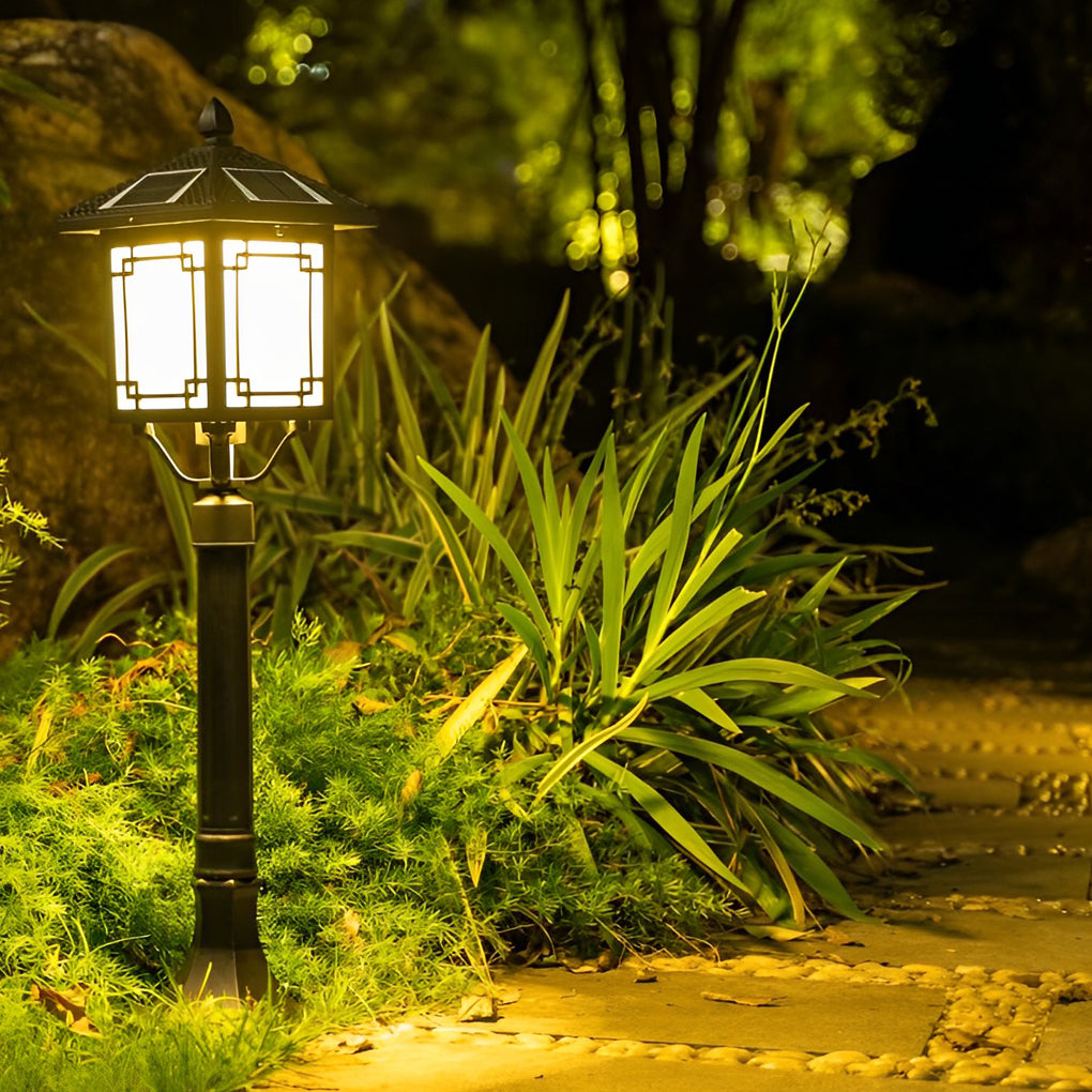 Ancient House-Style Solar LED Post Light — Aluminum and Glass, 7W, IP54, 3-Step Dimming, Remote Control