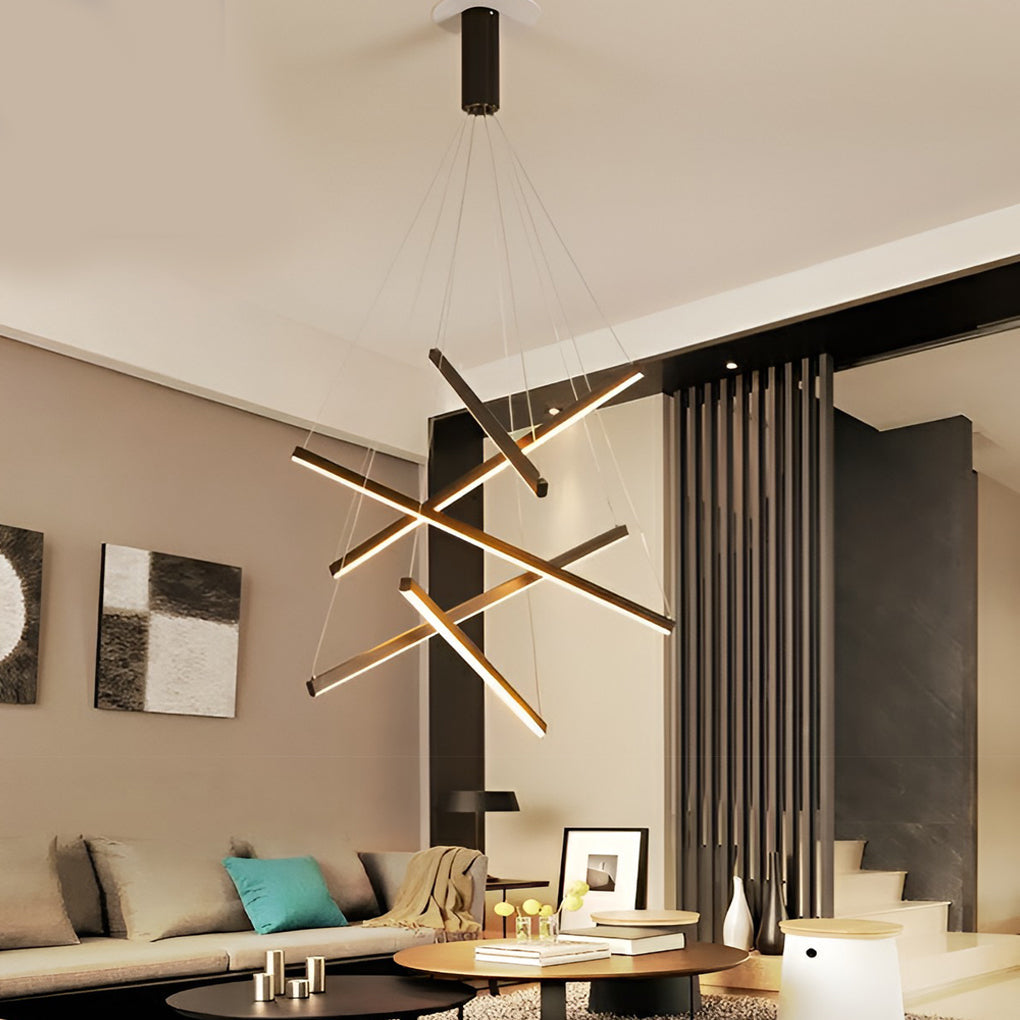 Minimalist Strip LED Chandelier — Black Metal, Stepless Dimming, Remote Control, 3- to 9-Light