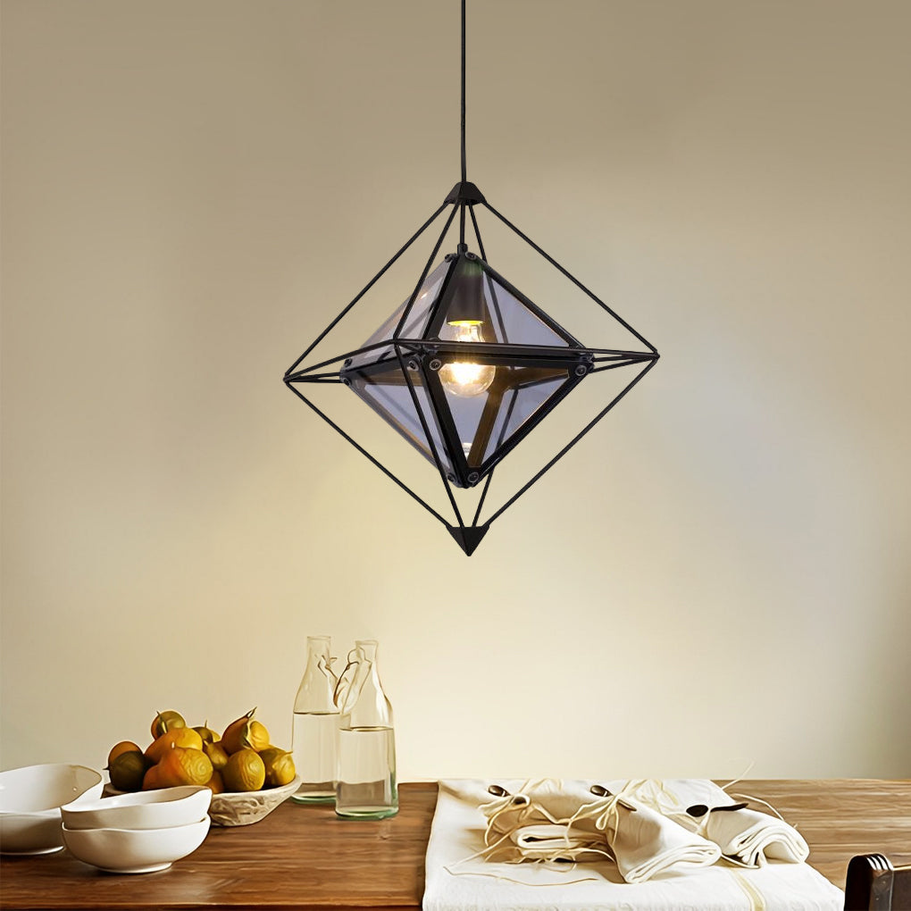 Modern Geometric Glass Pendant Light — E27, 16" Diameter, Amber or Smoke Gray, Gold or Black Finish