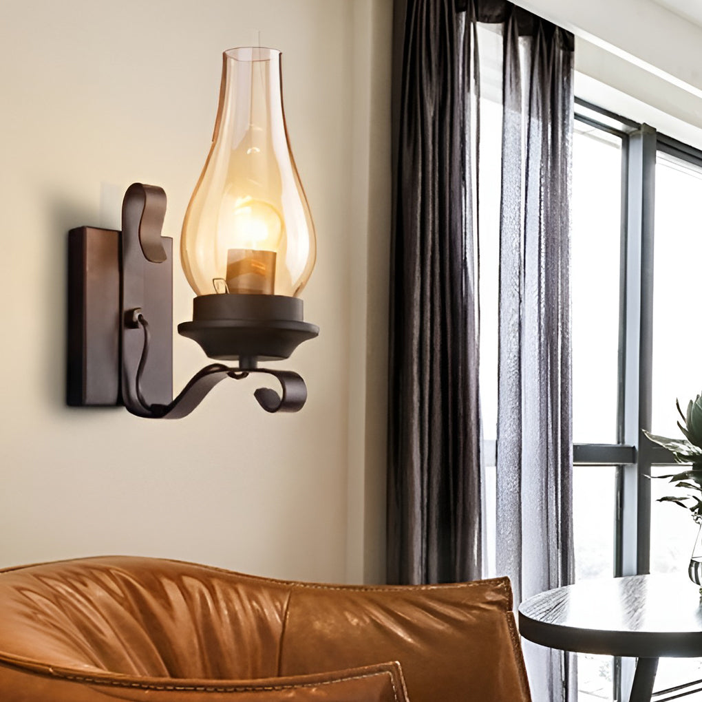 Industrial Retro Wall Sconce — Black Iron, E27, Blown Glass Shade, 8" × 12"