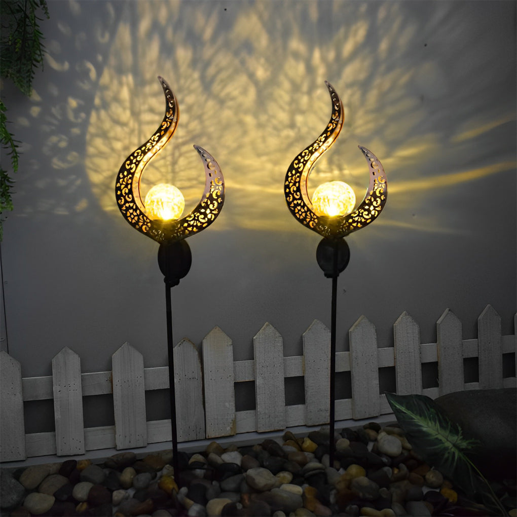 Moon, Sun & Flame Hollow Iron Solar Garden Stake Light — Cracked Glass Globe, LED, IP55 Weatherproof