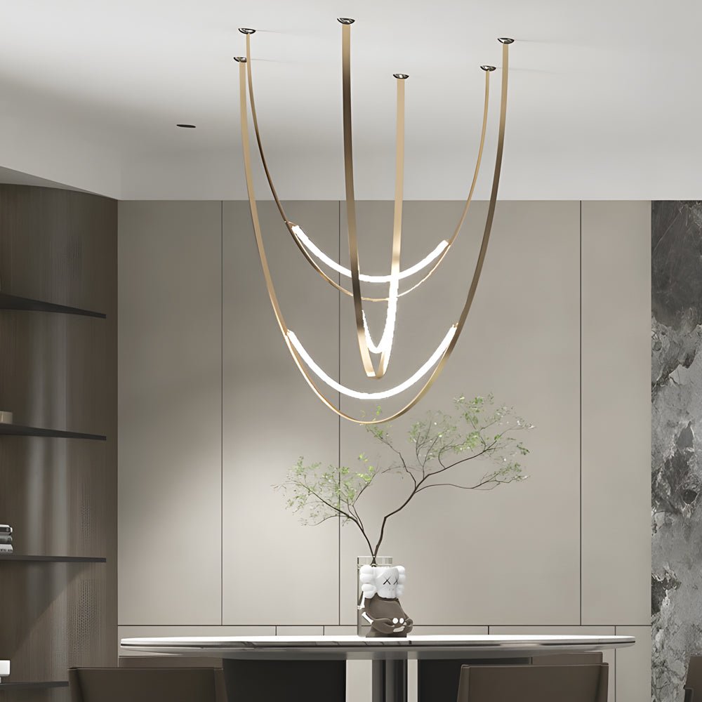 Modern LED Belt Pendant Chandelier — Iron and Leather, 1- or 3-Light, Hardwired, 3000K Warm White, Staircase and Living Room