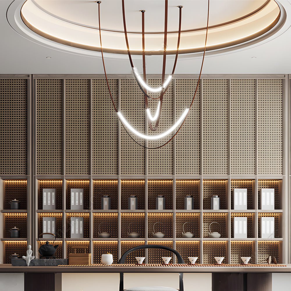 Modern LED Belt Pendant Chandelier — Iron and Leather, 1- or 3-Light, Hardwired, 3000K Warm White, Staircase and Living Room