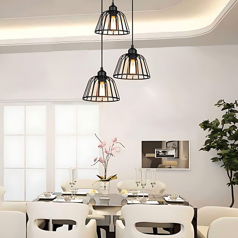Industrial Cage Chandelier — Black Iron, 3000K LED, 1-Light or 3-Light, Adjustable 47.2" Cord