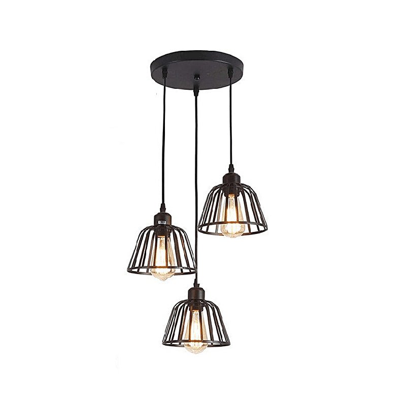 Industrial Cage Chandelier — Black Iron, 3000K LED, 1-Light or 3-Light, Adjustable 47.2" Cord