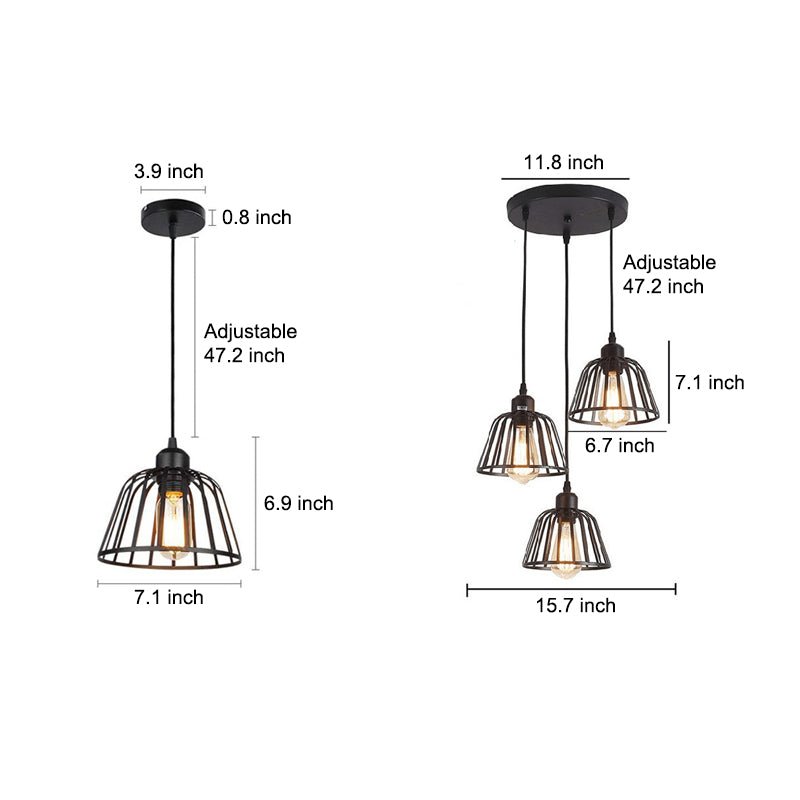 Industrial Cage Chandelier — Black Iron, 3000K LED, 1-Light or 3-Light, Adjustable 47.2" Cord
