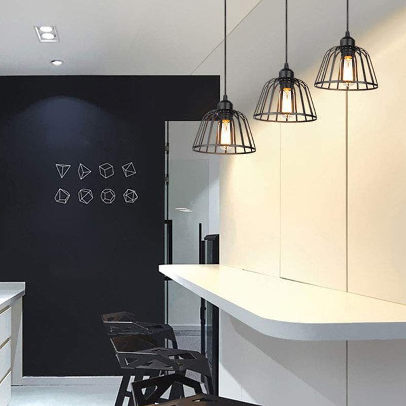 Industrial Cage Chandelier — Black Iron, 3000K LED, 1-Light or 3-Light, Adjustable 47.2" Cord