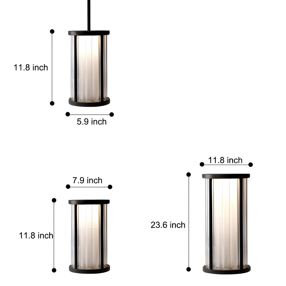 Cylinder Outdoor Lantern — Stainless Steel & Acrylic Crystal, 4W LED, 3000K, IP65, Solar / Hardwired, Pendant or Lawn Stake