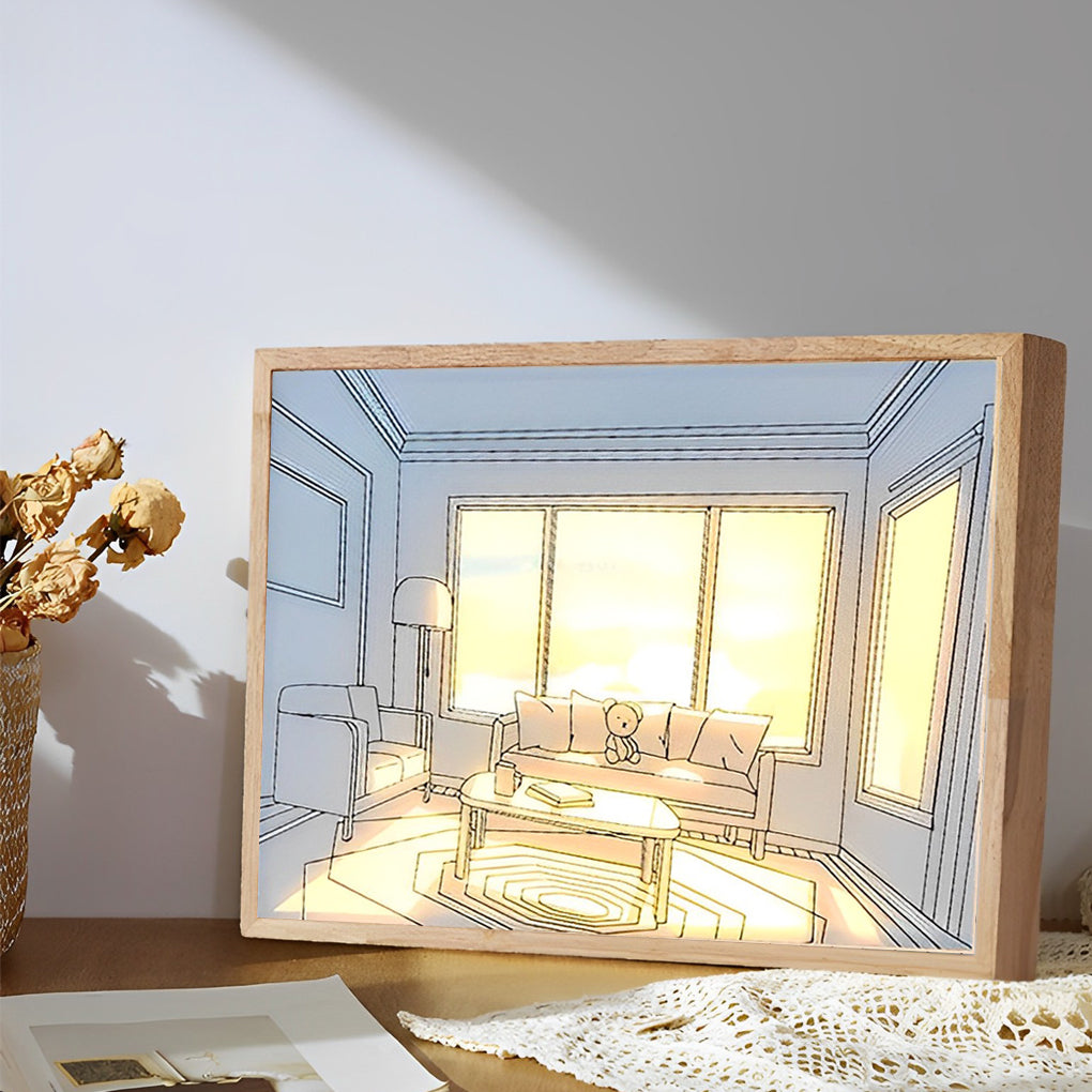 Sunshine LED Wall Art Night Light — Wood and Acrylic Frame, Touch Dimmable, 13" × 9", Rechargeable