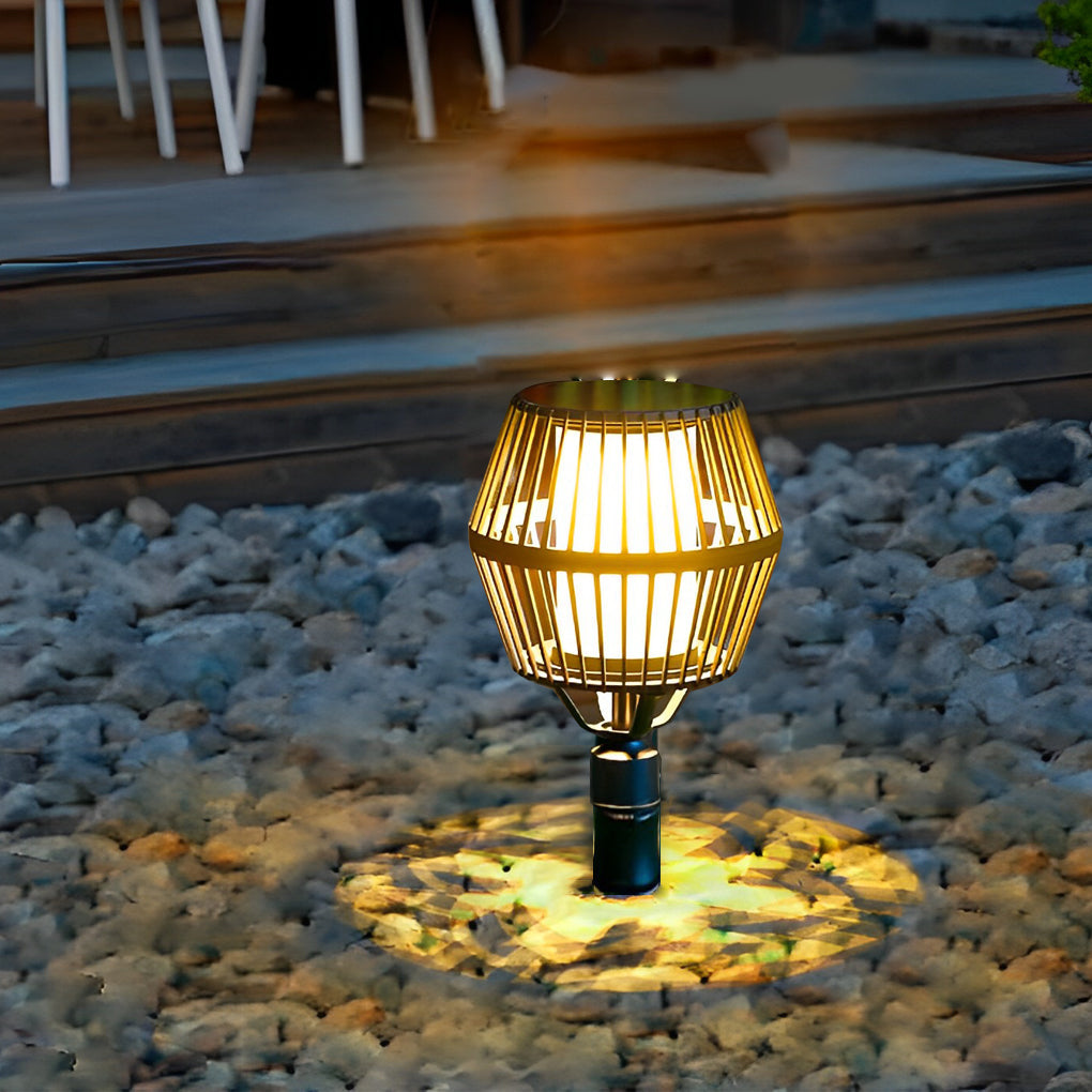 Caged Solar Outdoor Path Lantern — Matte Black Die-Cast Aluminum, COB LED, Warm White 3000K, Solar / Electric, Weatherproof