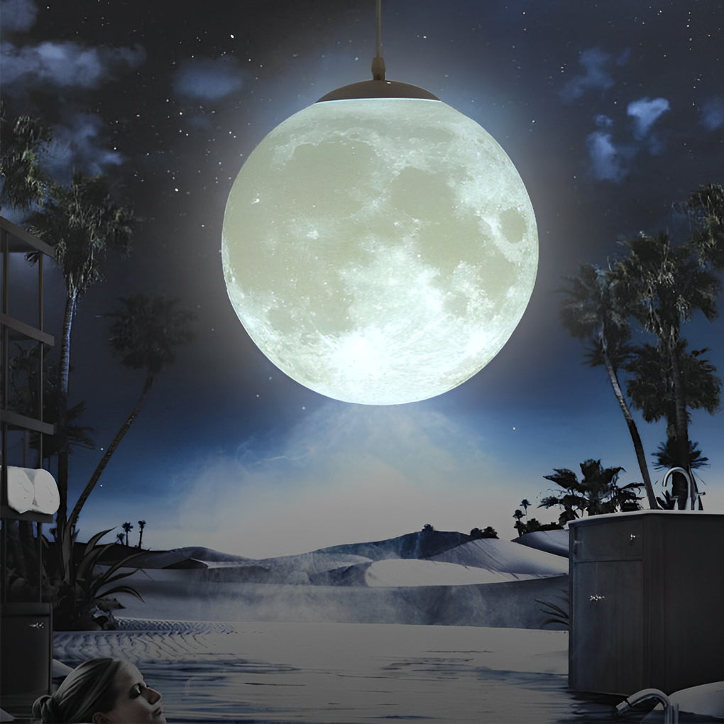 3D Moon Sphere Pendant — Iron, Lunar-Texture Lampshade, Adjustable Hanging Wire, 7.9"–15.7"