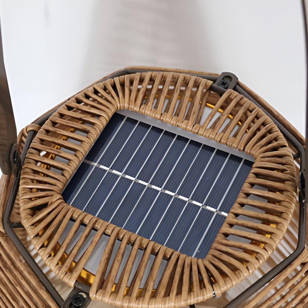 Rattan Lantern Portable Outdoor Floor Lamp — Solar LED, IP65 Weatherproof, 11" × 16", Motion Sensor