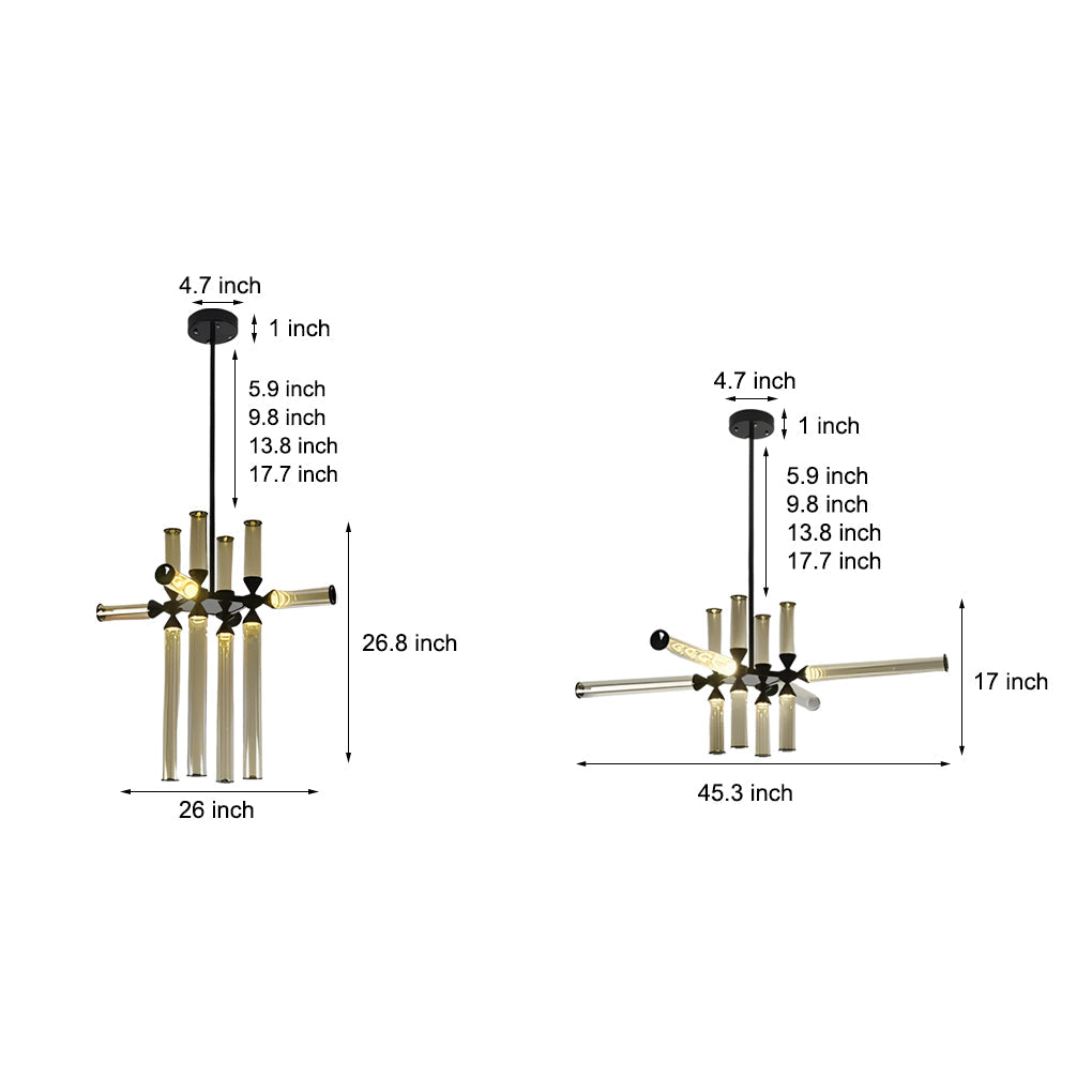 Minimalist Spliced Glass Tube Chandelier — Aluminum, 36W LED, 3000K Warm White, Hardwired