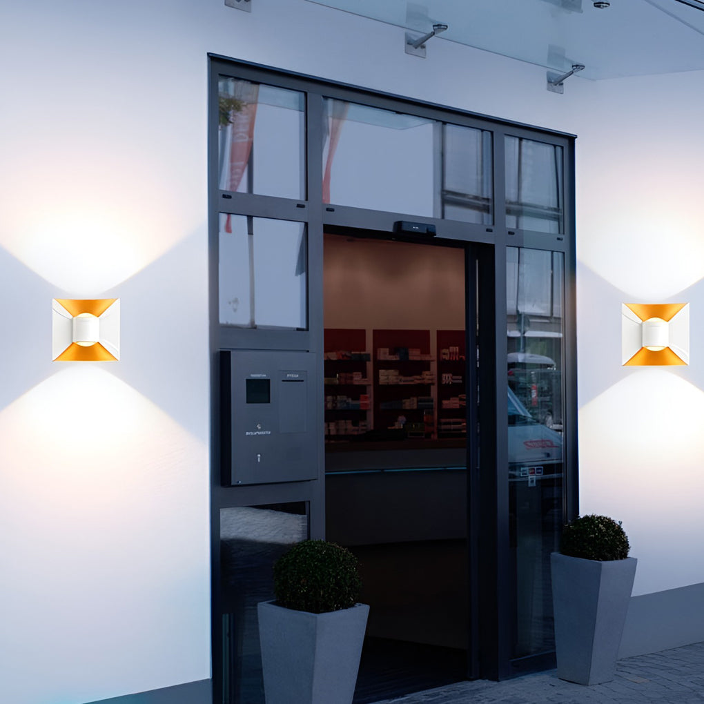 Square Up/Down Outdoor Wall Sconce — Die-Cast Aluminum, 6W LED, IP65, Black+Gold or White+Gold