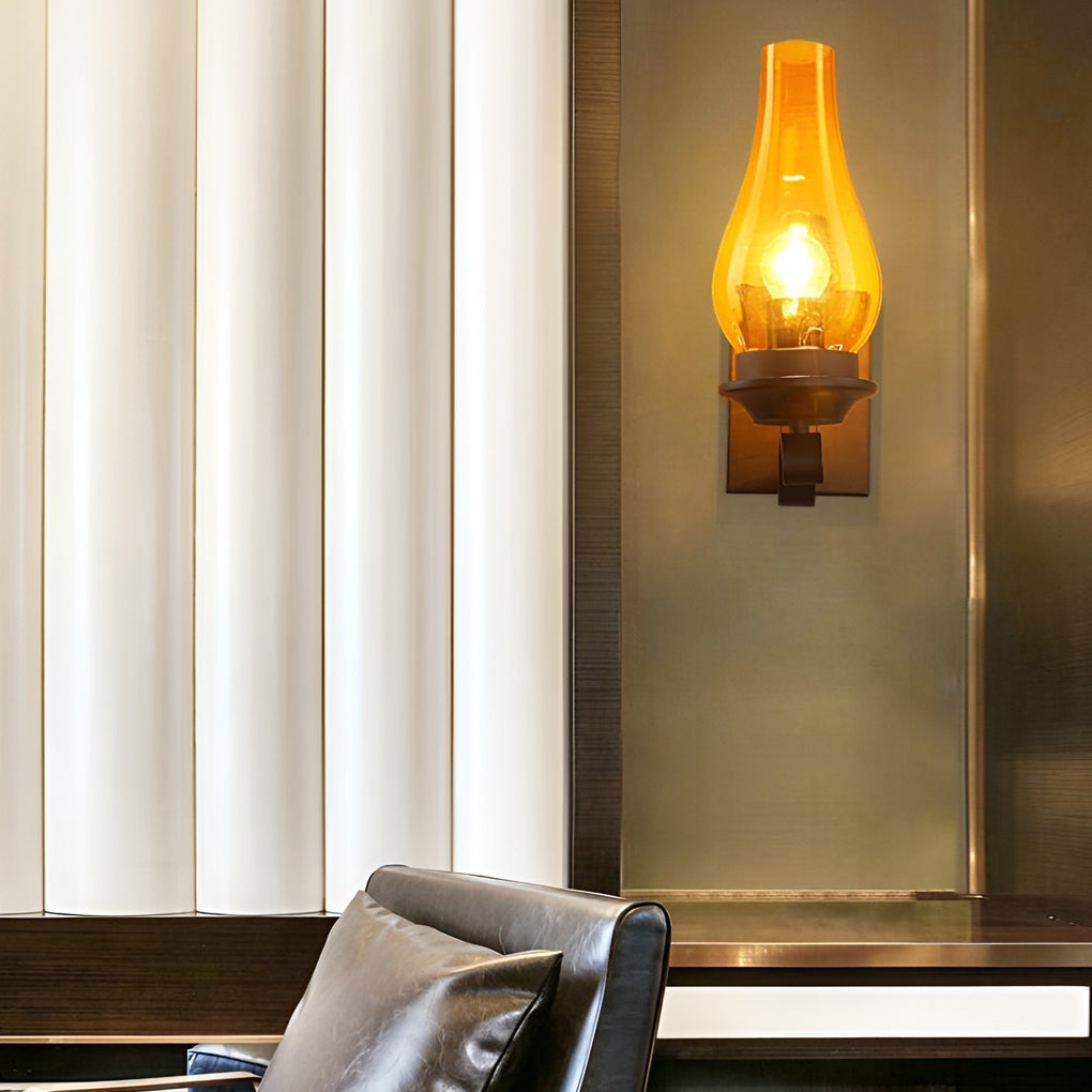 Industrial Retro Wall Sconce — Black Iron, E27, Blown Glass Shade, 8" × 12"