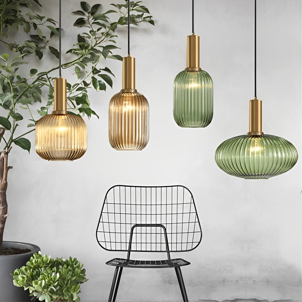 Striped Glass Lantern Mini Pendant — Modern, LED, 3000K, Available in Green, Amber, and Smoke Gray