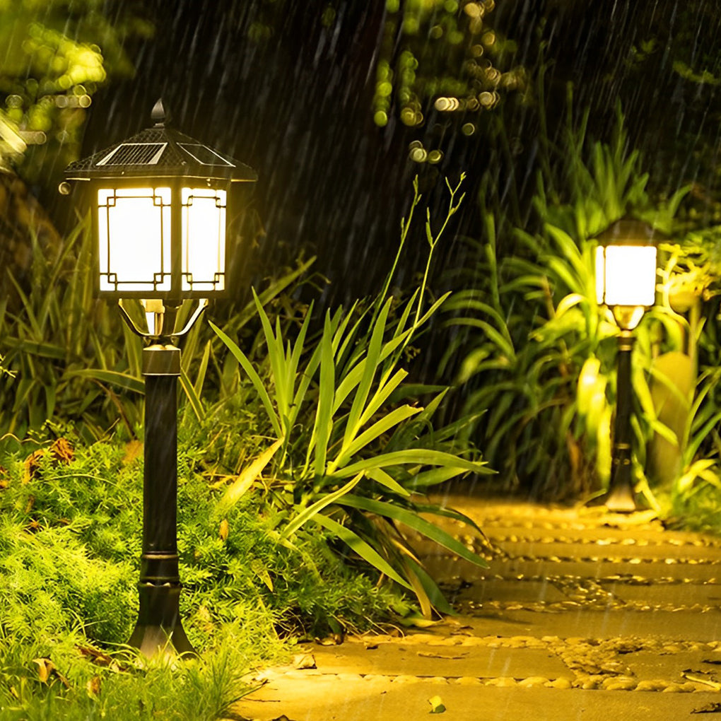 Ancient House-Style Solar LED Post Light — Aluminum and Glass, 7W, IP54, 3-Step Dimming, Remote Control