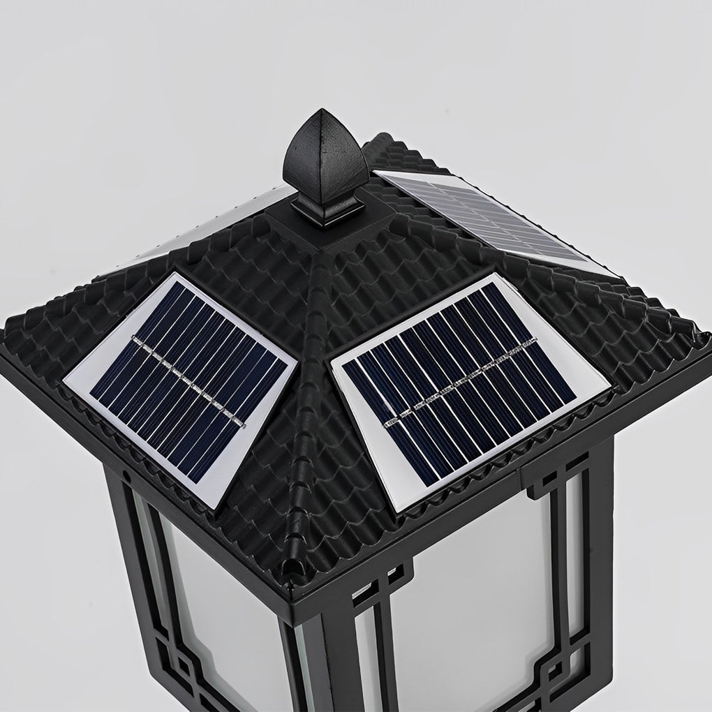 Ancient House-Style Solar LED Post Light — Aluminum and Glass, 7W, IP54, 3-Step Dimming, Remote Control