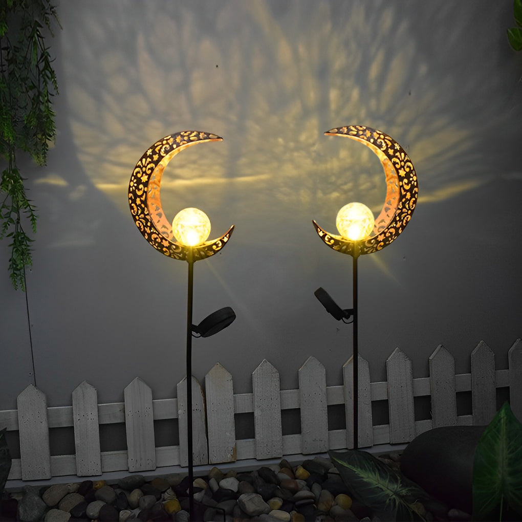 Moon, Sun & Flame Hollow Iron Solar Garden Stake Light — Cracked Glass Globe, LED, IP55 Weatherproof