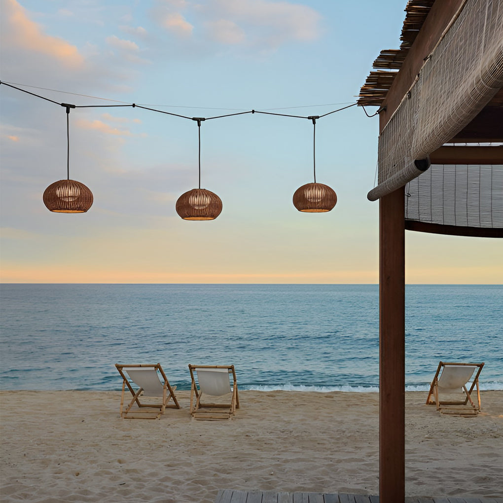 Rattan Lantern Outdoor Pendant & Wall Sconce — PE Rattan, E27 LED, 12W, IP55, Warm White 3000K, Beige or Coffee