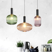 Striped Glass Lantern Mini Pendant — Modern, LED, 3000K, Available in Green, Amber, and Smoke Gray