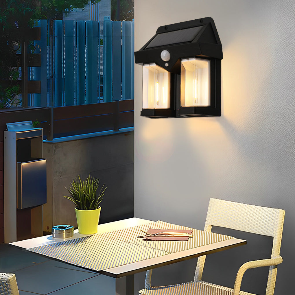 Solar Outdoor Wall Lantern — ABS, Tungsten Bulb, Dusk-to-Dawn Motion Sensor, 3-Mode, IP65, Black or White