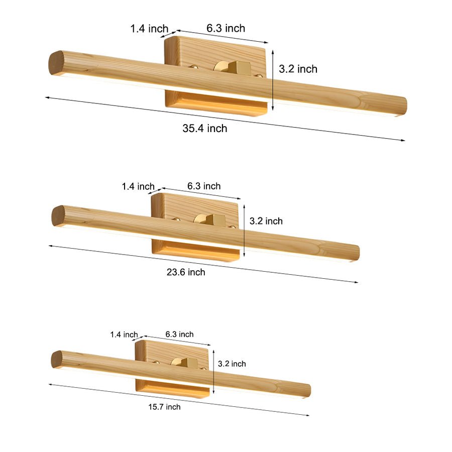Rotatable Wood and Brass Vanity Light Bar — LED, 180° Adjustable, Three-Color Dimming, 15", 23", or 35"