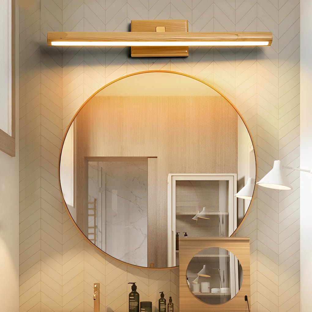 Rotatable Wood and Brass Vanity Light Bar — LED, 180° Adjustable, Three-Color Dimming, 15", 23", or 35"