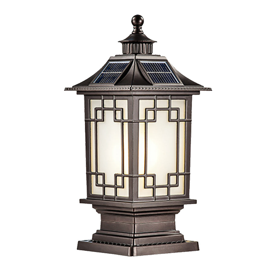 Lantern-Style Outdoor Pillar Light — Aluminum & Glass, Solar or Hardwired, 3-Step Dimming (3000K/4500K/6000K), IP65, E27