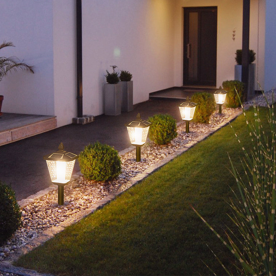 Pointed-Top Solar LED Path Light — Die-Cast Aluminum, Dual-Color 3000K/6000K, Adjustable Height, IP54, Stake or Base Mount