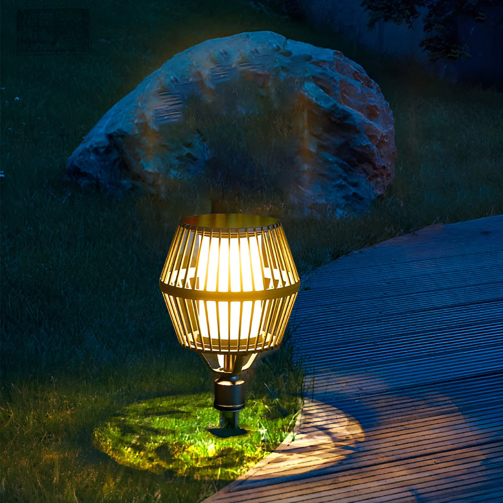 Caged Solar Outdoor Path Lantern — Matte Black Die-Cast Aluminum, COB LED, Warm White 3000K, Solar / Electric, Weatherproof