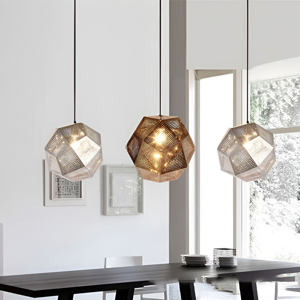 Postmodern Geometric Round Pendant Chandelier — Electroplated Stainless Steel, Hollow Pattern, Silver / Gold / Rose Gold