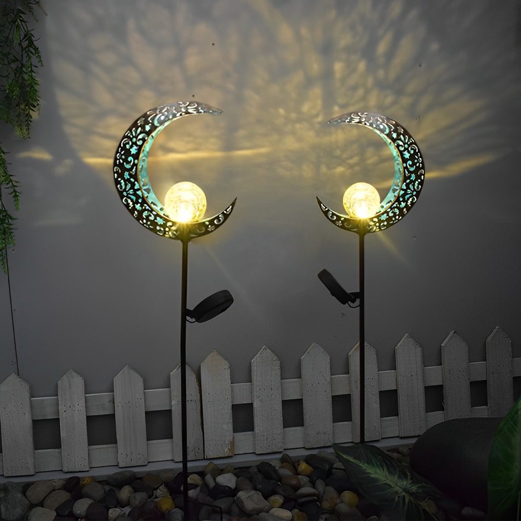 Moon, Sun & Flame Hollow Iron Solar Garden Stake Light — Cracked Glass Globe, LED, IP55 Weatherproof