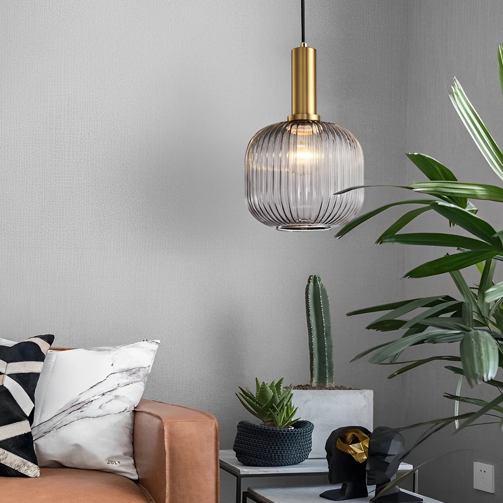 Striped Glass Lantern Mini Pendant — Modern, LED, 3000K, Available in Green, Amber, and Smoke Gray