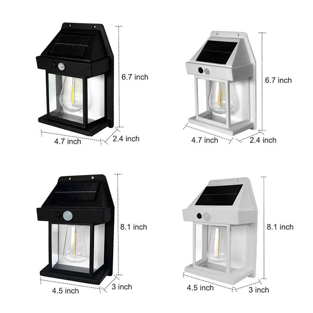 Solar Outdoor Wall Lantern — ABS, Tungsten Bulb, Dusk-to-Dawn Motion Sensor, 3-Mode, IP65, Black or White