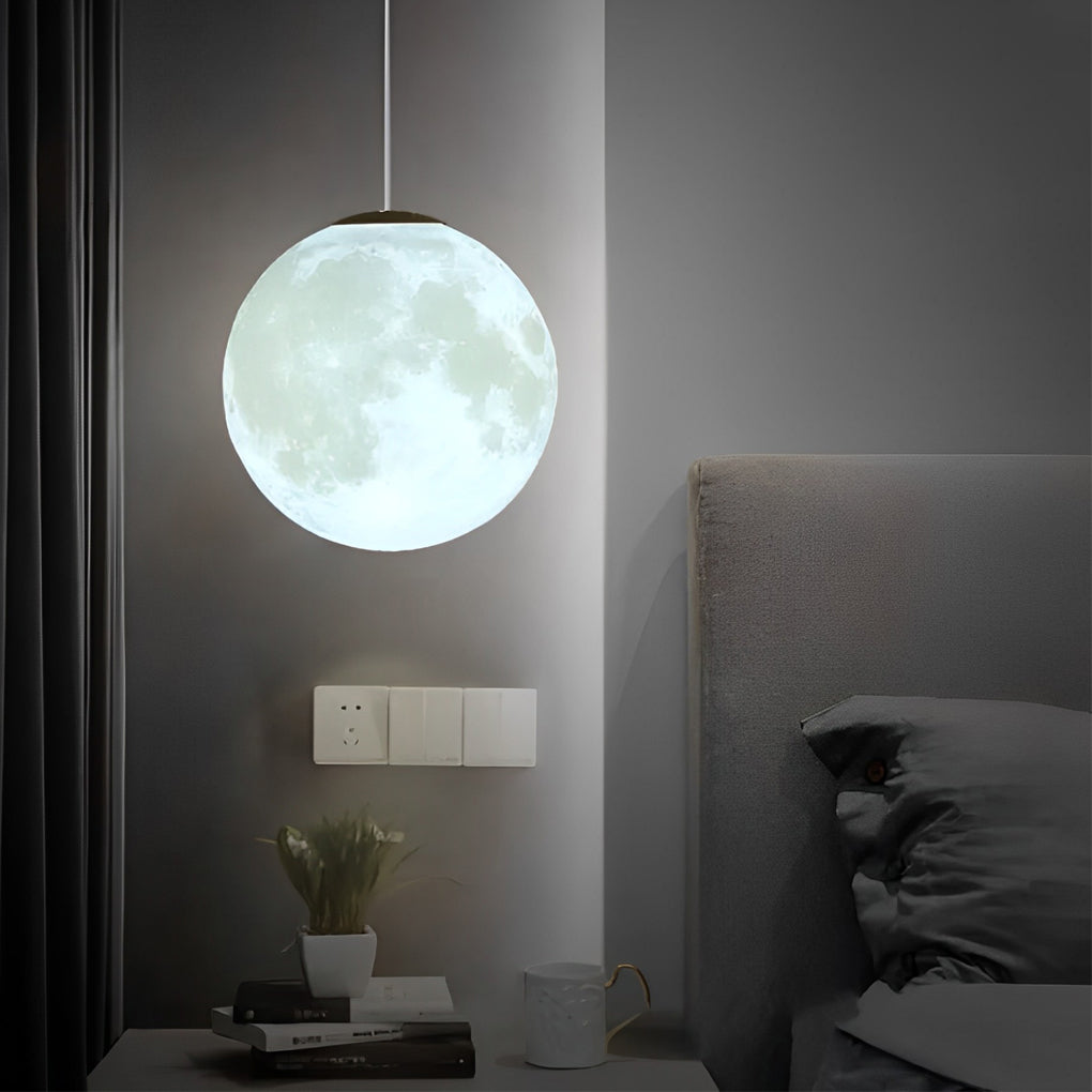 3D Moon Sphere Pendant — Iron, Lunar-Texture Lampshade, Adjustable Hanging Wire, 7.9"–15.7"