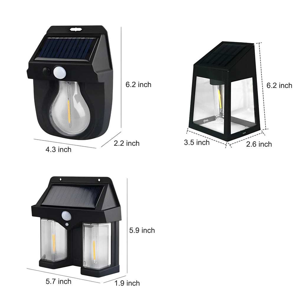 Solar Outdoor Wall Lantern — ABS, Tungsten Bulb, Dusk-to-Dawn Motion Sensor, 3-Mode, IP65, Black or White