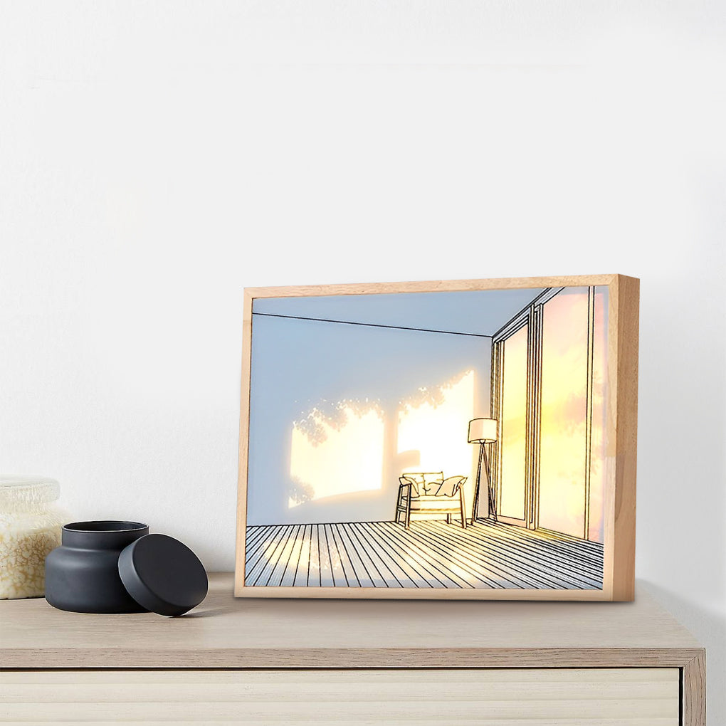 Sunshine LED Wall Art Night Light — Wood and Acrylic Frame, Touch Dimmable, 13" × 9", Rechargeable