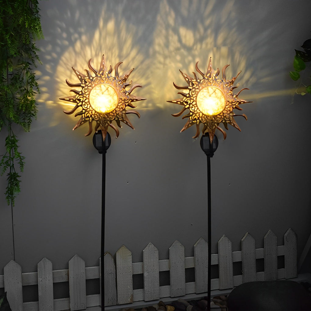Moon, Sun & Flame Hollow Iron Solar Garden Stake Light — Cracked Glass Globe, LED, IP55 Weatherproof