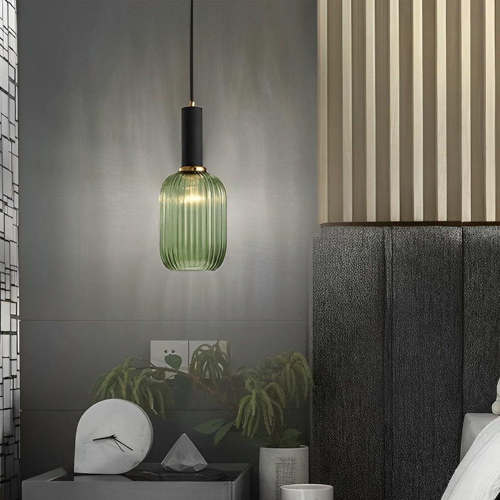 Striped Glass Lantern Mini Pendant — Modern, LED, 3000K, Available in Green, Amber, and Smoke Gray