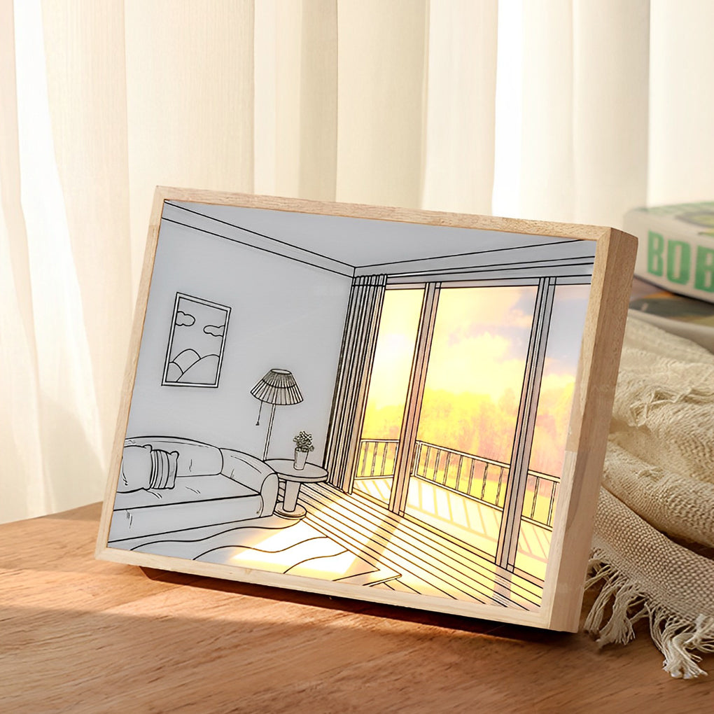 Sunshine LED Wall Art Night Light — Wood and Acrylic Frame, Touch Dimmable, 13" × 9", Rechargeable