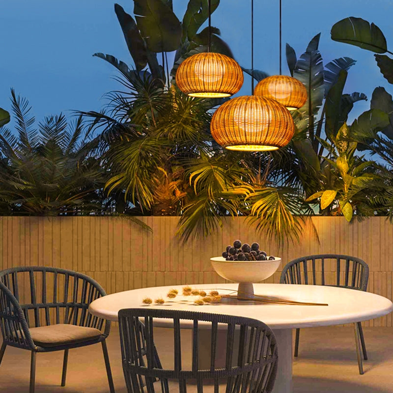 Rattan Lantern Outdoor Pendant & Wall Sconce — PE Rattan, E27 LED, 12W, IP55, Warm White 3000K, Beige or Coffee