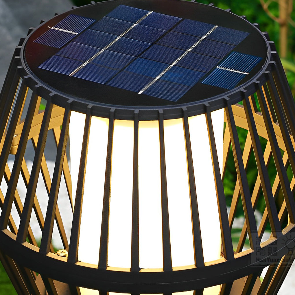 Caged Solar Outdoor Path Lantern — Matte Black Die-Cast Aluminum, COB LED, Warm White 3000K, Solar / Electric, Weatherproof