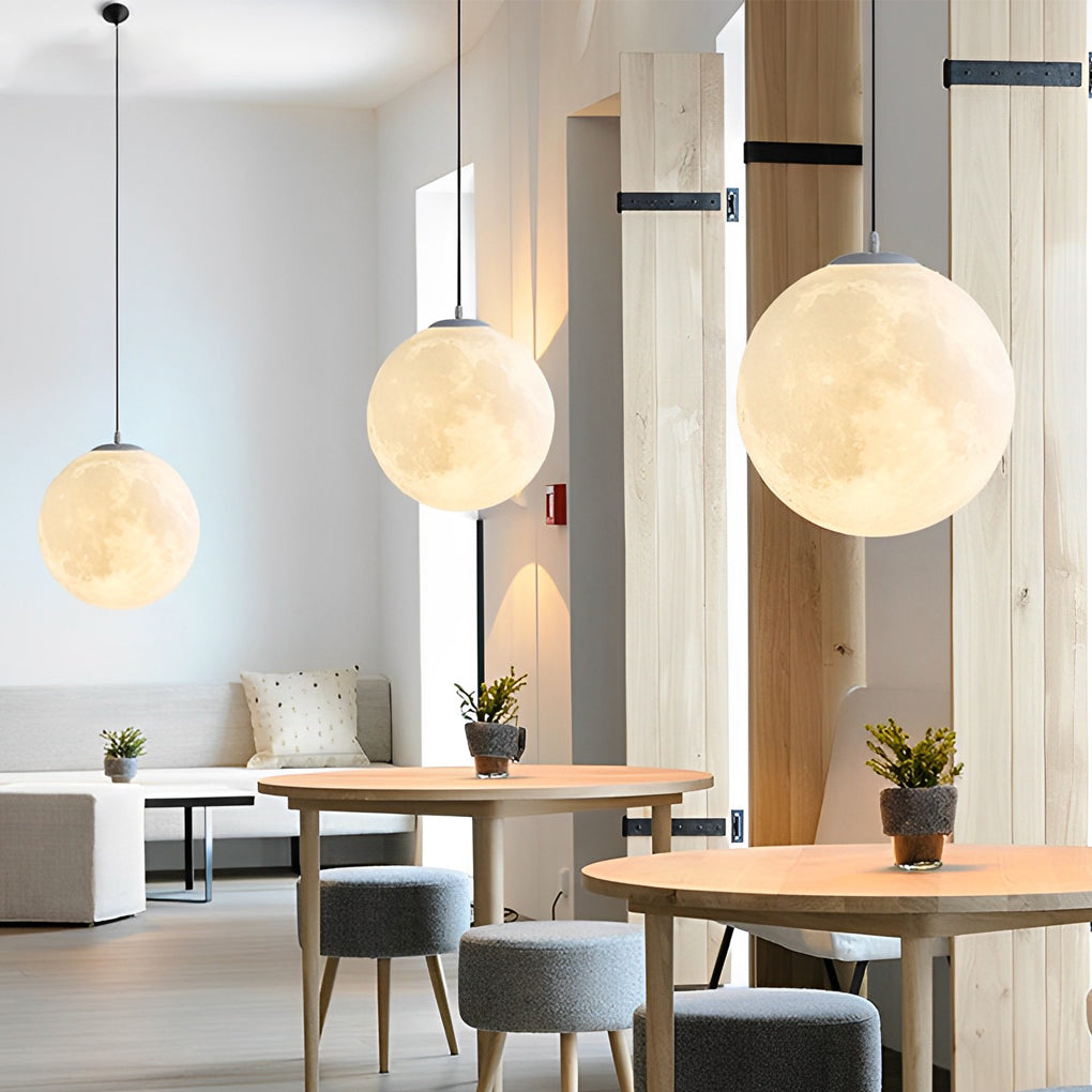 3D Moon Sphere Pendant — Iron, Lunar-Texture Lampshade, Adjustable Hanging Wire, 7.9"–15.7"
