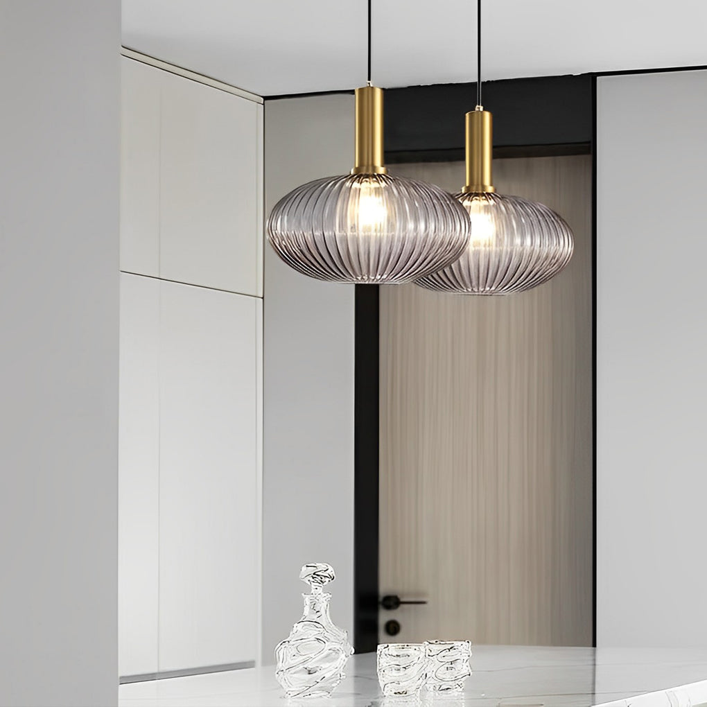 Striped Glass Lantern Mini Pendant — Modern, LED, 3000K, Available in Green, Amber, and Smoke Gray