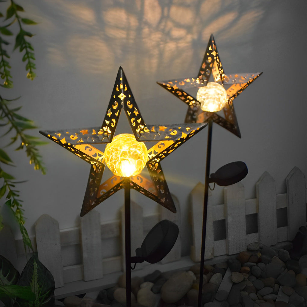 Moon, Sun & Flame Hollow Iron Solar Garden Stake Light — Cracked Glass Globe, LED, IP55 Weatherproof